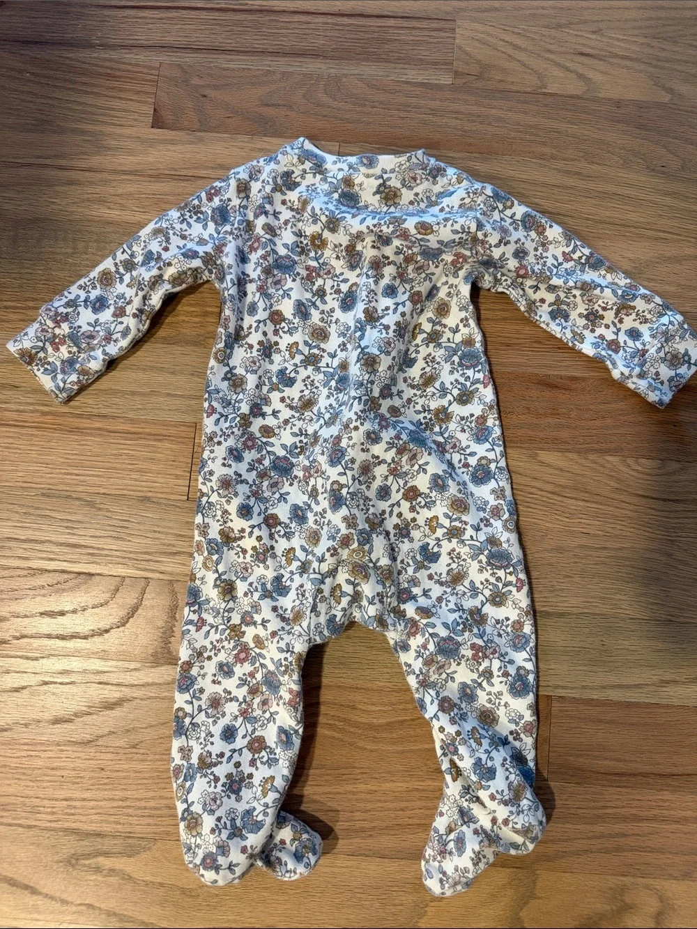 Floral Print Long-Sleeve Baby One-Piece in Cream and Blue